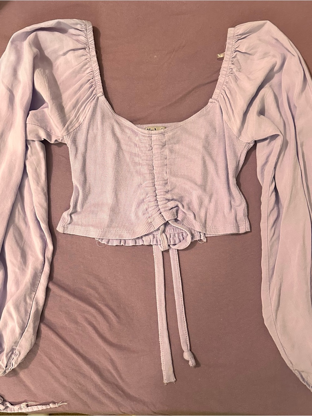 Lilac Ruched Scoop-Neck Milkmaid Long-Sleeve Crop Top